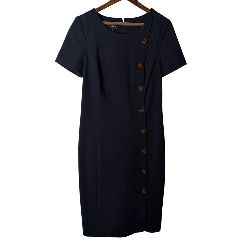 Long Tall Sally Navy Blue Asymmetrical Tortoise Button Sheath Dress Size 10 Tall